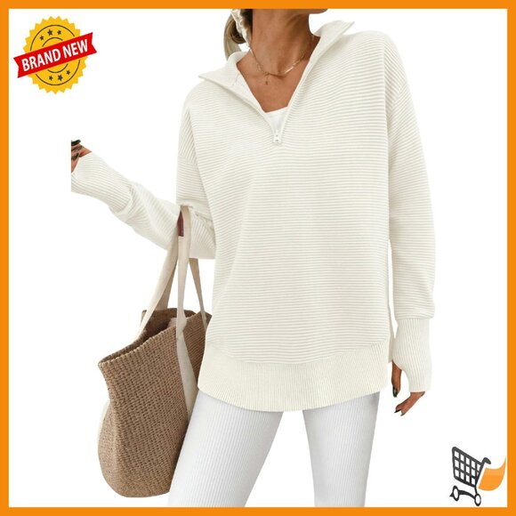 Long Sleeve Quarter Zip Pullover Sweater Ribbed Knit Thumb Hole Loose Fit